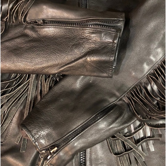 Vtg VANGUARD LEATHER OF AMERICA Cowhide Fringe Leather Biker Jacket - Picture 7 of 8